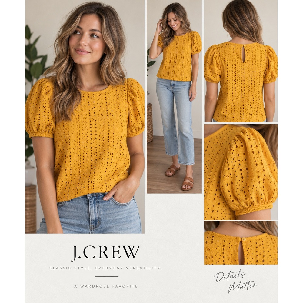 J.Crew Womens XS Mustard Yellow Eyelet Blouse Puff Sleeve Cotton Embroidered Top